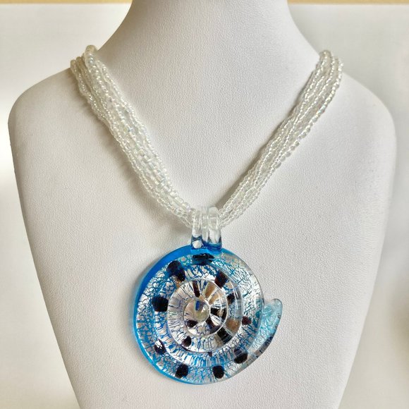 Murano Art Glass Seed Bead Sea Shell Nautilus Shiva Necklace Sea Life Nautical - Picture 6 of 12